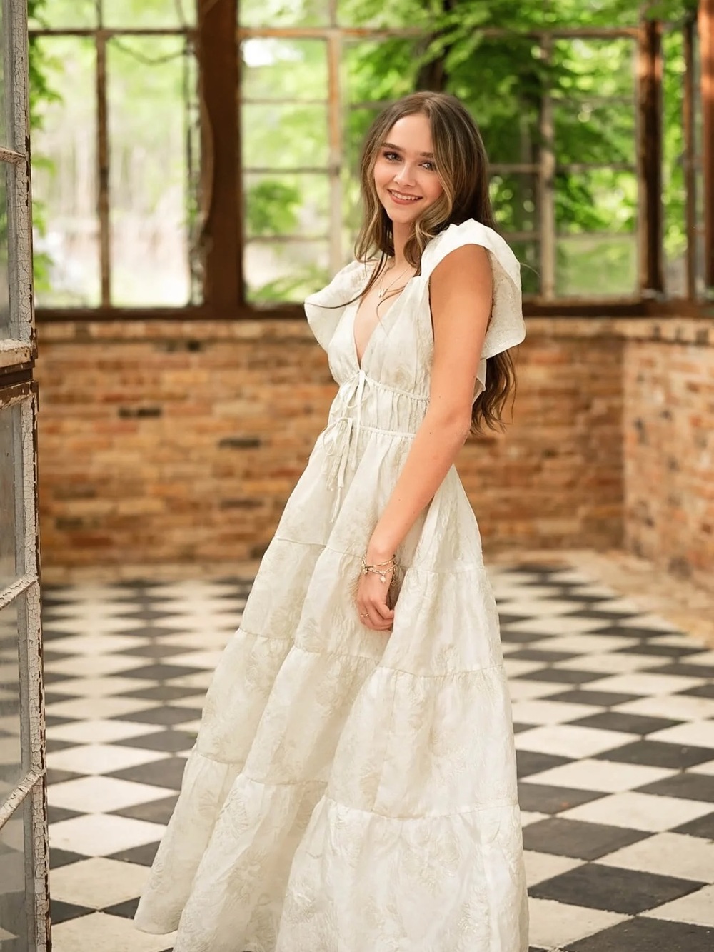 Altar'd State Ivory Floral Maxi Dress with Flutter Shoulders